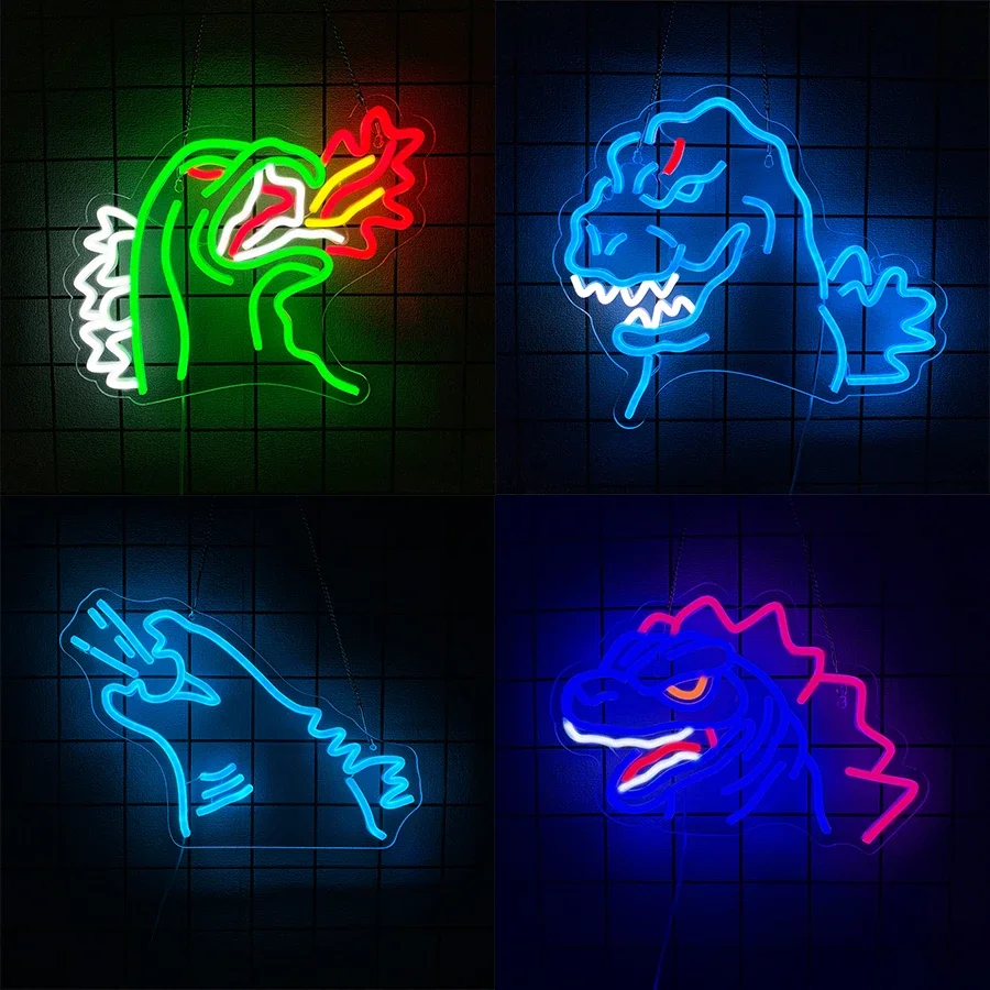 

Неоновая вывеска для домашнего декора для украшения комнаты Gaming Deko King of the Светодиодный настенный светильник для мальчиков Огнедышащие аксессуары Динозавр