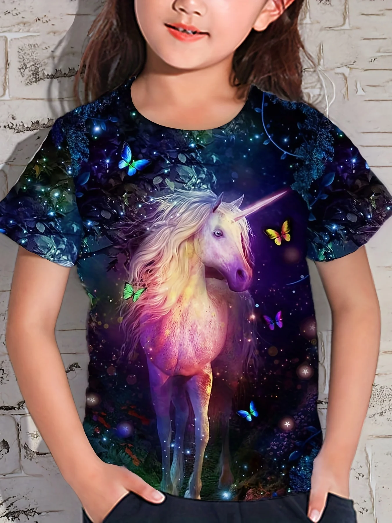 Boys and girls 3D printed children's clothing cute forest unicorn pattern short sleeved novel T-shirt comfortable and lightweigh