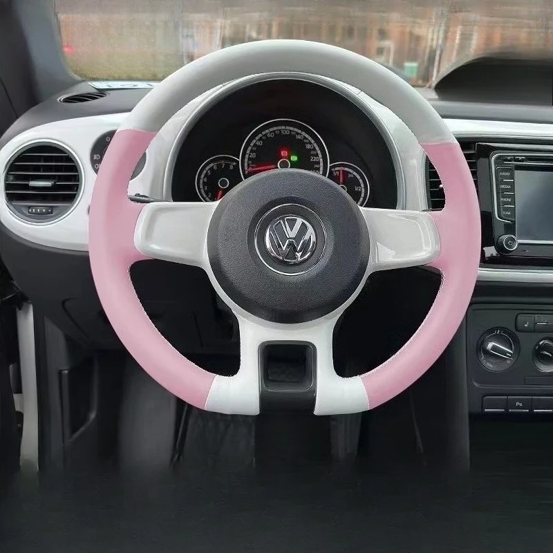 

Hand-sewn pink faux leather steering wheel cover suitable for Volkswagen VW Beetle 2012-2016 and upgraded 2013-2016 models