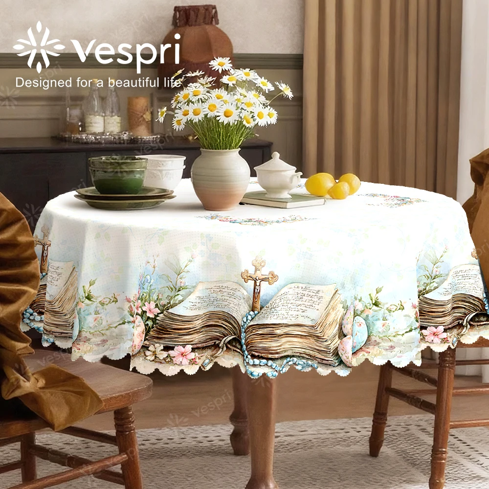 Vespri Easter Tablecloth White Blue Cross Egg Round Rectangle Oval Polyester Decor for Parties