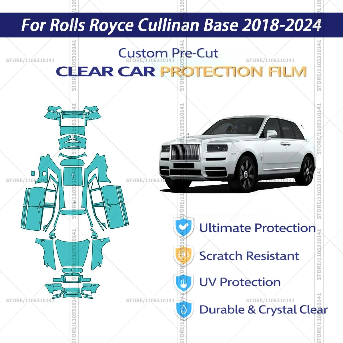 

Защитная пленка PPF для Rolls-Royce Cullinan (2018-2024), прозрачная, предварительно вырезанная, для полной оклейки автомобиля