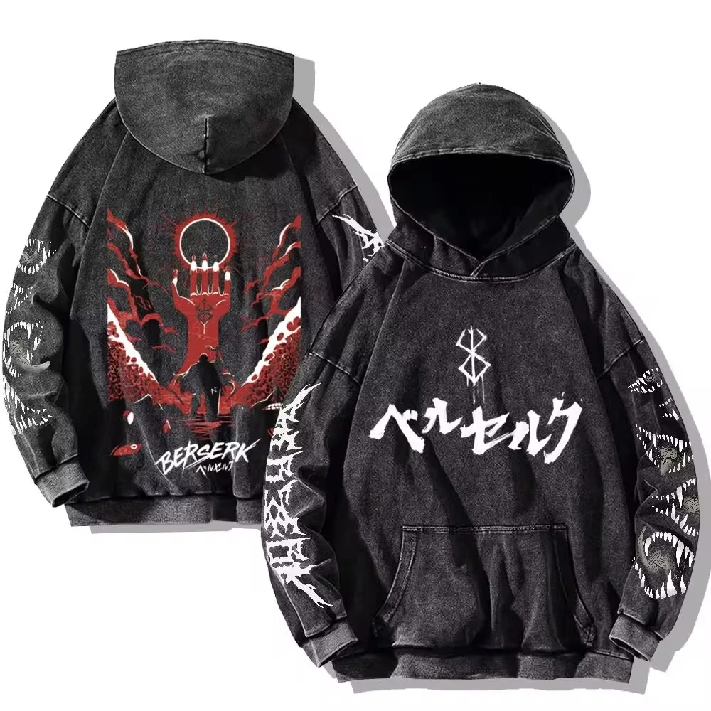 Mens Berserk Hoodies Gothic Print Vintage Washed Hoodie Hip Hop Streetwear Cotton Sweatshirts Harajuku Casual Hooded Pullover