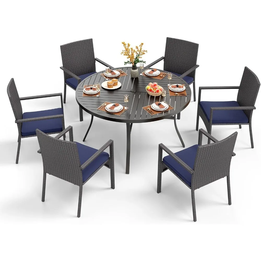 7 Pieces Outdoor Round Dining Set for 6, Large Wrought Iron Dining Table with Umbrella Hole & Cushioned Wicker Rattan Chairs