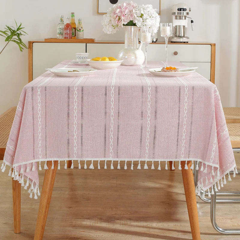 

Vintage Cotton Linen Cutout Rectangular Tablecloth With Tassel For Wedding Kitchen Long DinnerTable, Home Party Decor