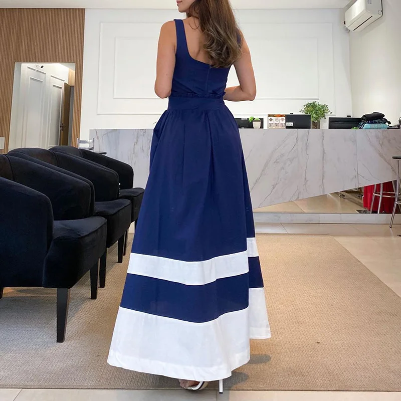 BAMBOOBOY Female Navy Beach Dress Fashion Casual Slash Neck Spaghetti Straps Summer Sleeveless High Waist Street Long Sundress