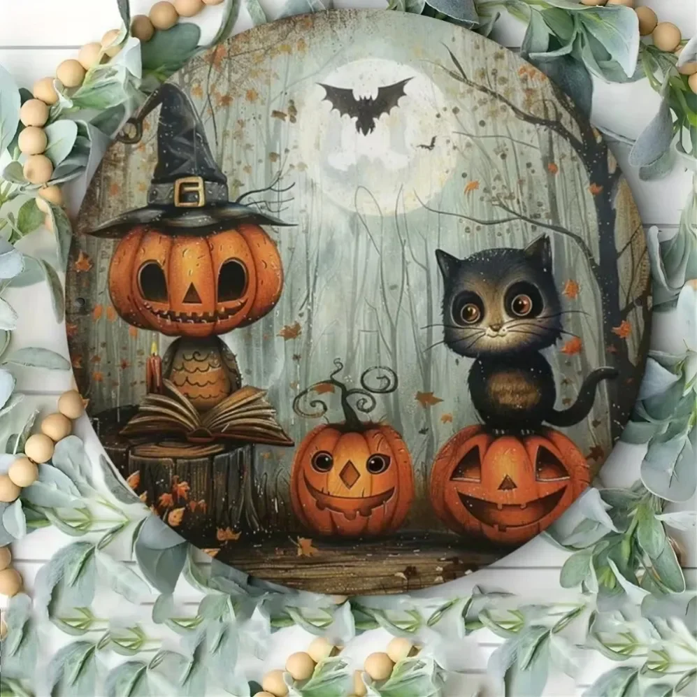 Rundes Metallschild „Full Moon Owl & Pumpkin“ – Heim- und Bardekoration