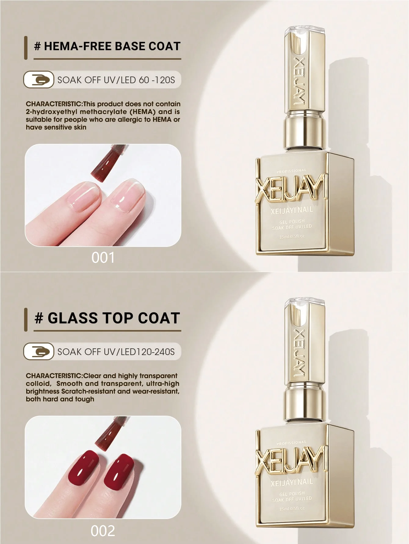 Juego de esmalte de Gel profesional sin Hema, Base y capa superior, acabado de brillo de vidrio de alto brillo y unión fuerte para uso en salón y hogar, 2 uds.