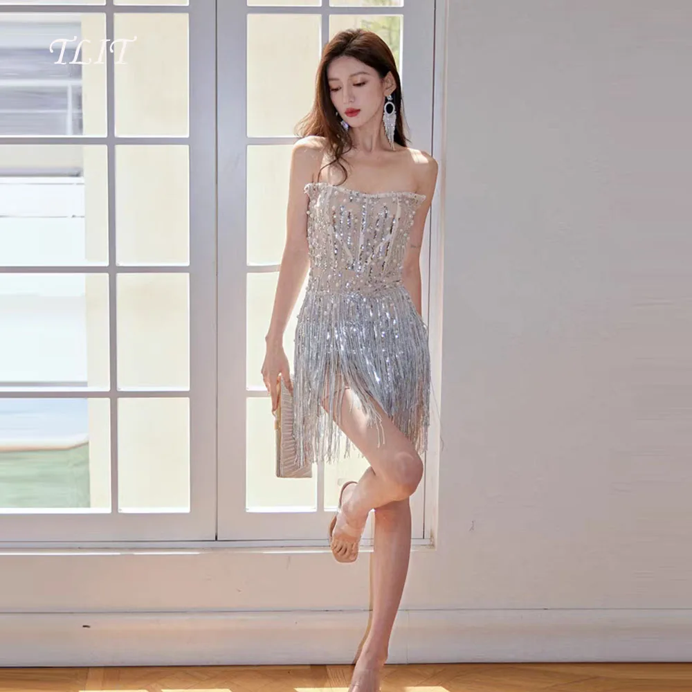 

TLIT Sparkly Appliques Crystals Short Evening Gown Dresses Strapless Pearls Sequined Prom Gown Customized Formal Party