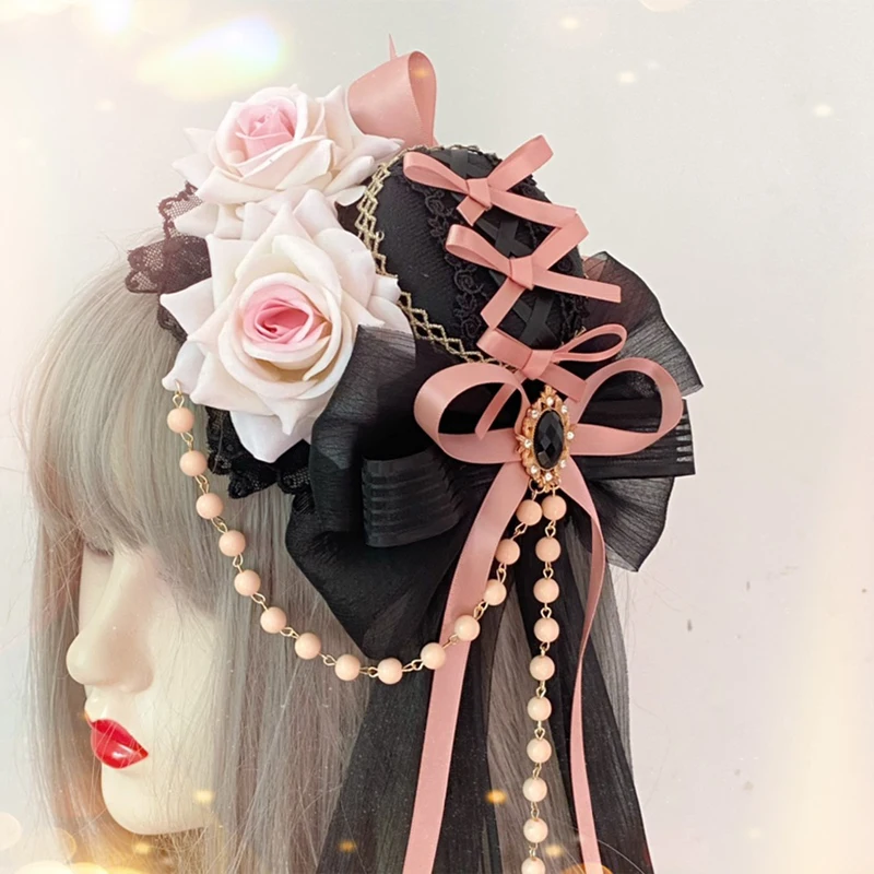 Lolita hoofdtooi gotische donkere elegante platte hoed strik kleine hoed met kralenketting anime meid cosplay hoofdband haaraccessoires