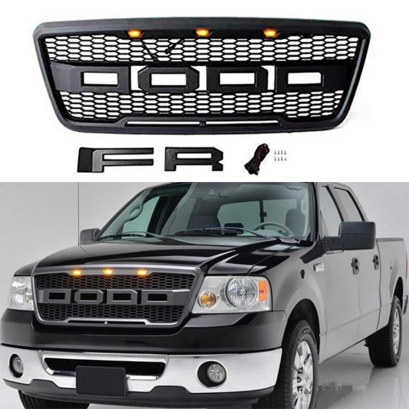 

Matt Black With Yellow LED Light Front Racing Grill Engine Mesh Guard for Ford F-150 Raptor Style 2004-2008 Exterior Parts