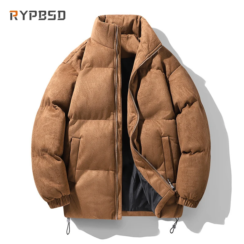 Jaqueta monocromática de camurça falsa para homens, jaqueta puffer extragrande, casaco casual bolha, quente, unissex, streetwear coreano, inverno,