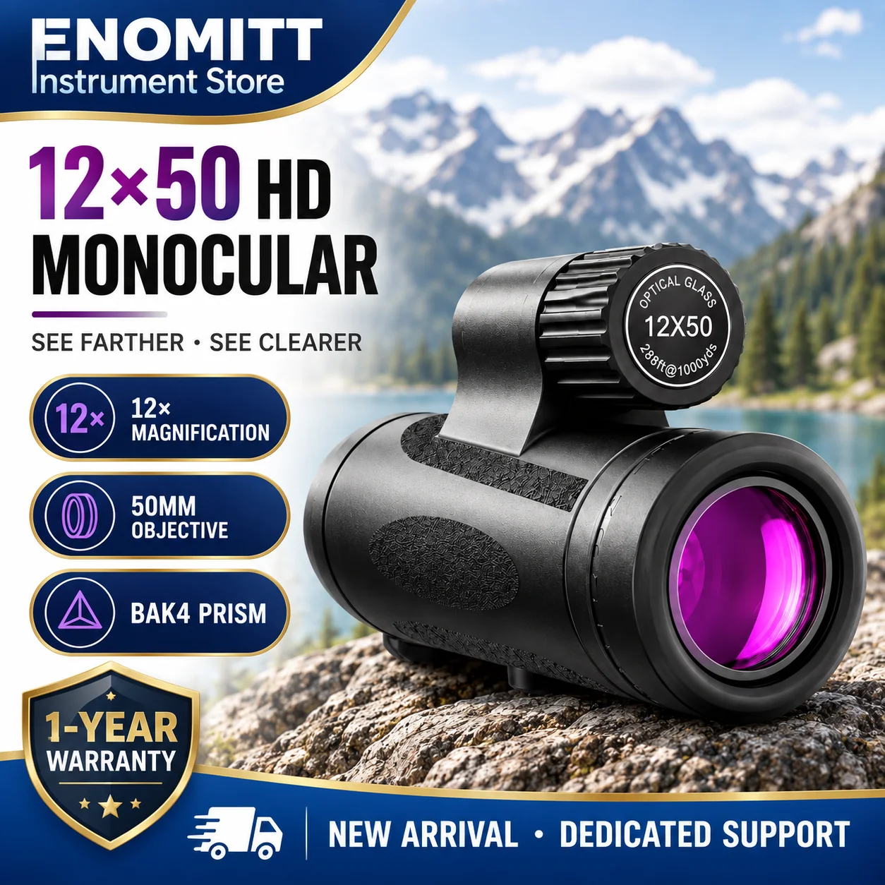 12x50 High Power Monocular Telescope with Phone Adapter, BAK4 Prism FMC Lens, IPX7 Waterproof for Hiking Hunting Travel