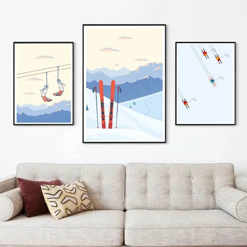Nordic Snowy Landscape Winter Skiing Wall Art Canvas Painting Ski Lift Mountain Pictures for Living Room Decor