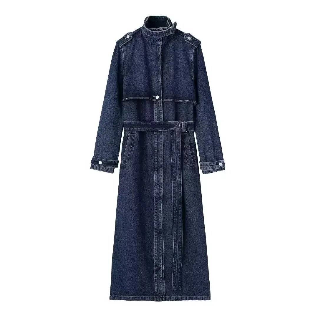 TRAF Women 2024 Winter New Fashion Minist Style Long Denim Coat Chic with Belt Buttons Slim Fit Coat Outerwear Mujer