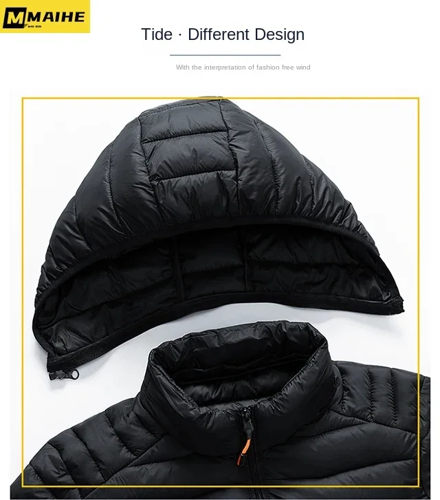 8XL Winter Lightweight Jacket Men's Fashionable All-match Detachable Hat Down Cotton Warm Coat Outdoor Skiing Windproof Parkas