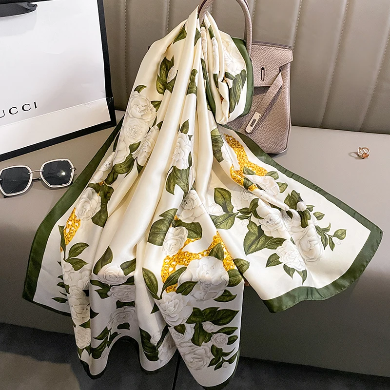 Fashion Print Large Shawl Wraps Silk Scarf Women Luxury Brand Satin Headband Hijab Bandana Turban Foulard Summer Beach Stoles