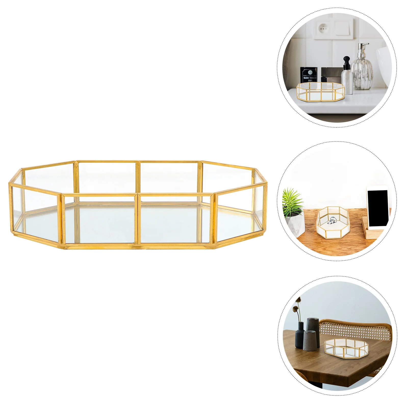 

Octagonal Glass Tray with Brass Wire Frame Sand Linen Base Stylish Jewelry Storage Display Dish for Bathroom Bedroom Decor