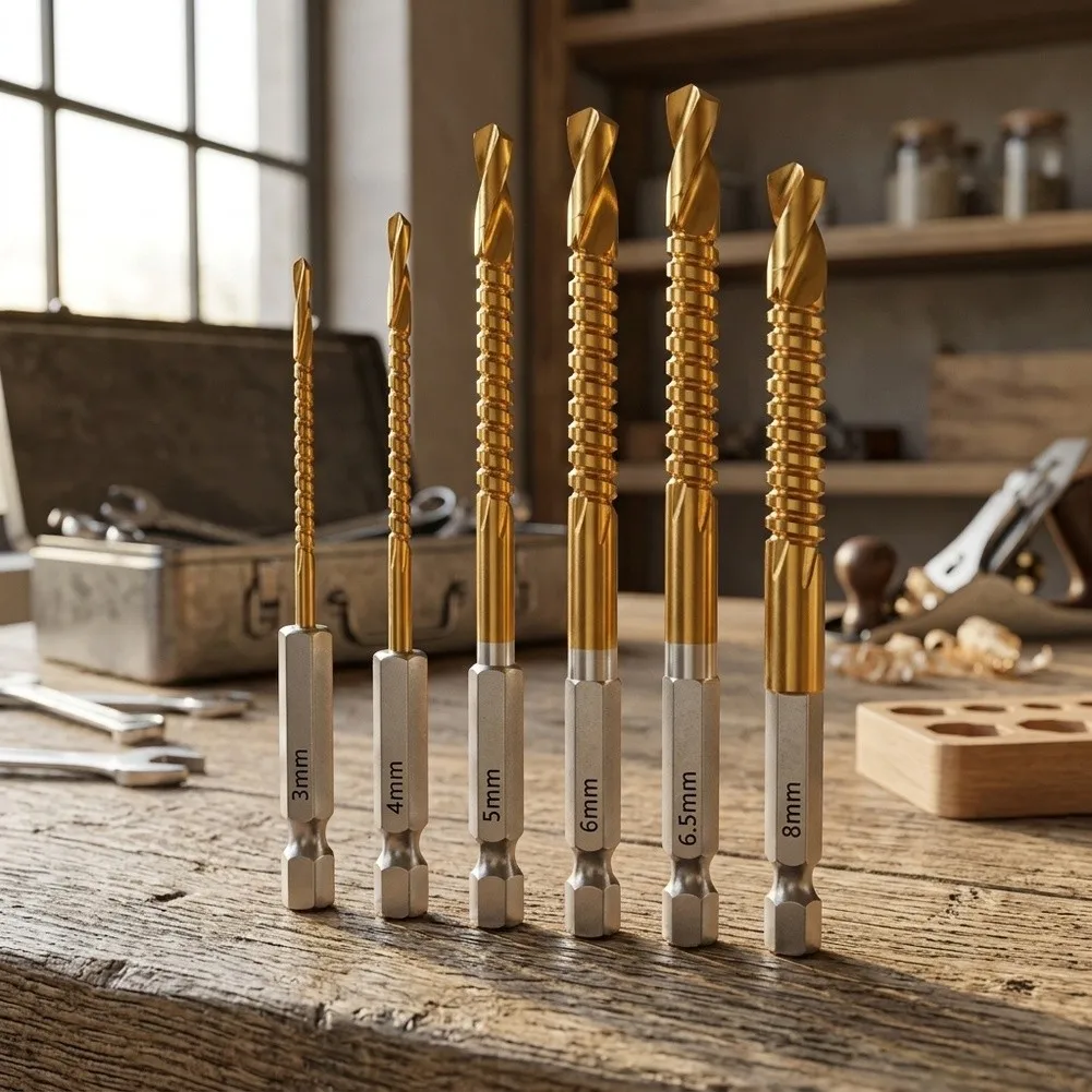 HSS Drill Bits Set 6 Sizes Titanium Coated with Hex Shank and Spiral Groove Design for Reduced Friction and Heat