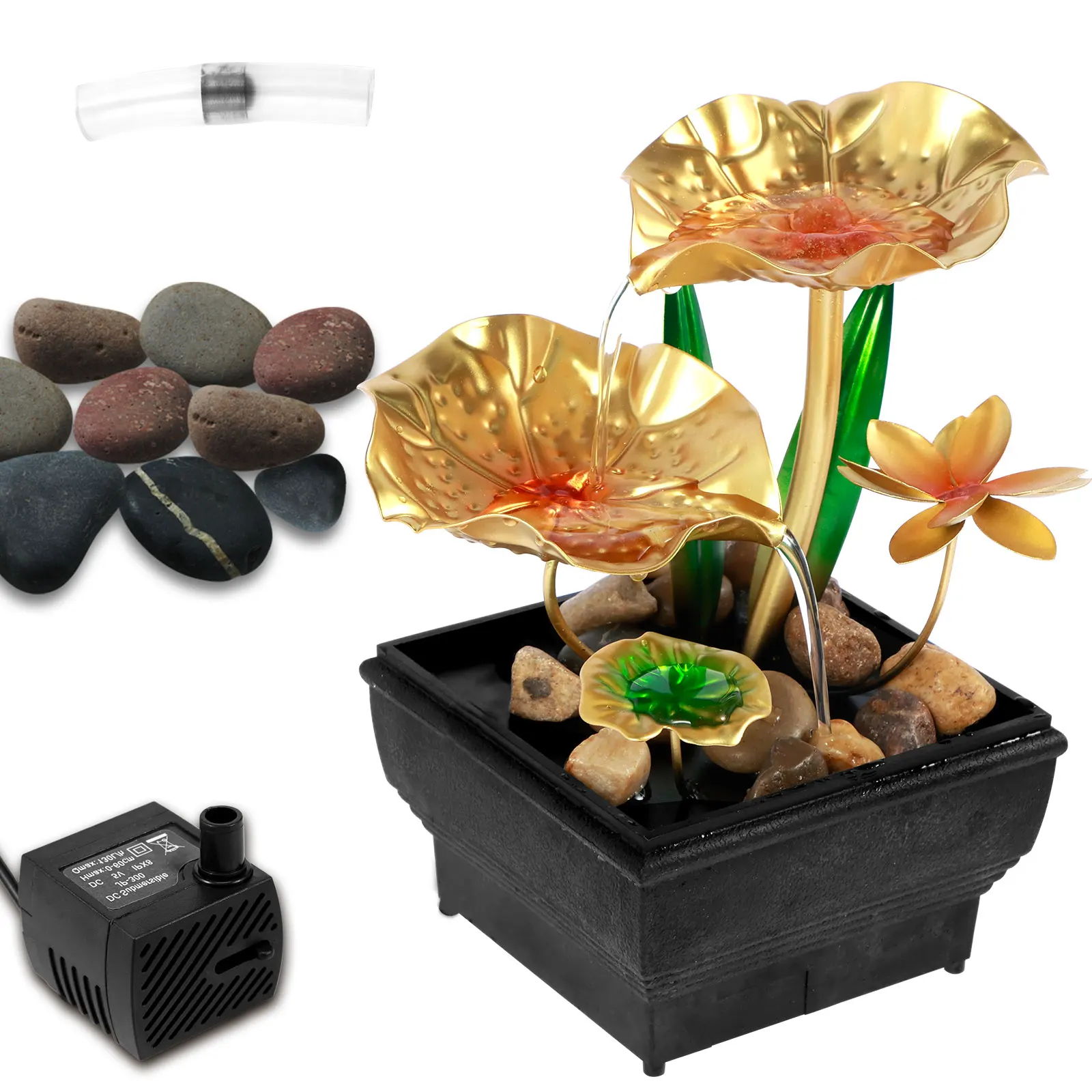 Tabletop Fountain USB Powered Small Lotus Waterfall with Rocks Relaxation Creative Fountains Desktop Waterfall Decoration Mini