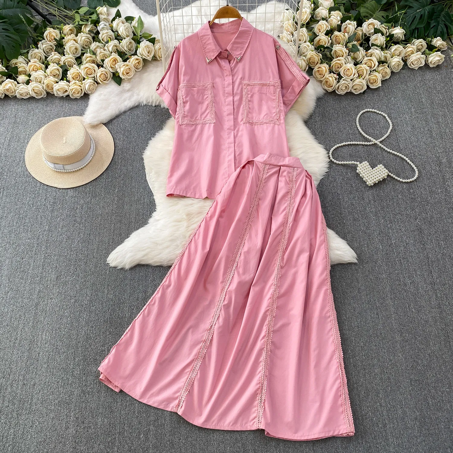 Summer Women Pink/White/Black/Orange Lace Patchwork Two Piece Set Elegant Vintage Turn-Down Collar Blouse High Waist Skirt Suit