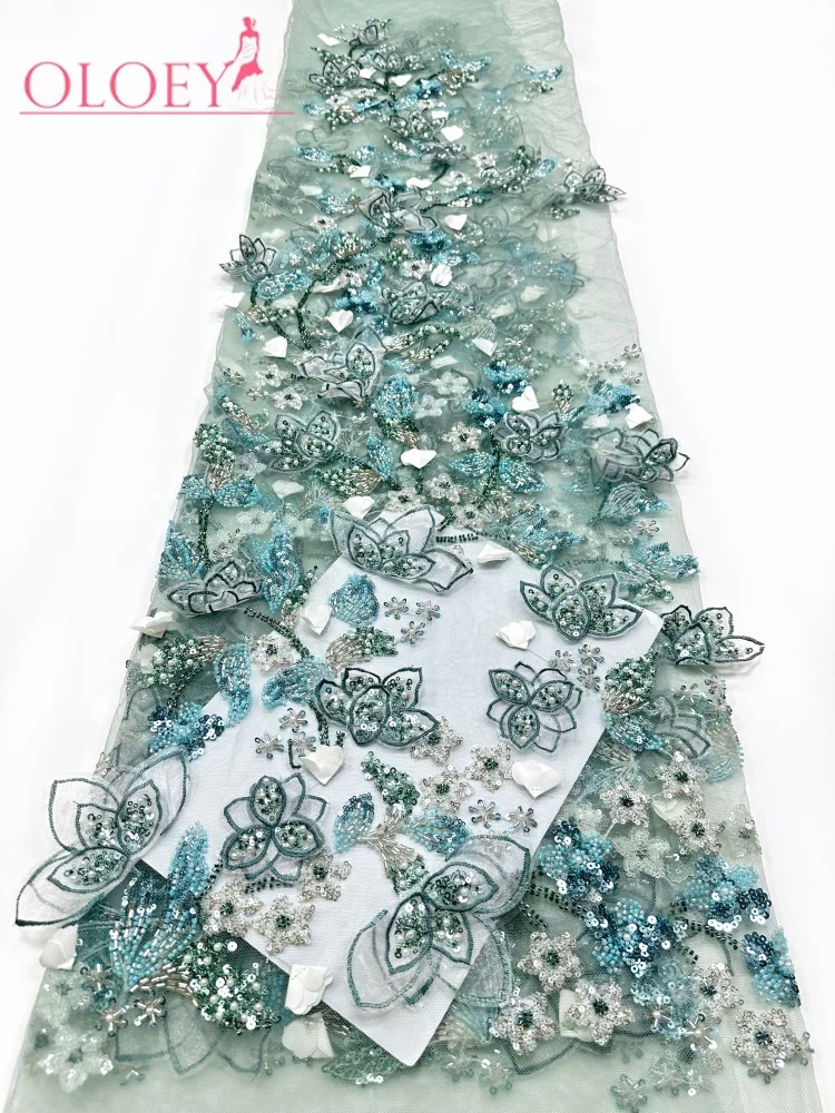 

OLOEY Newest African Beaded Lace Fabric High Quality French Nigerian Sequins Tulle Lace Fabric for Women Party Dress Sewing