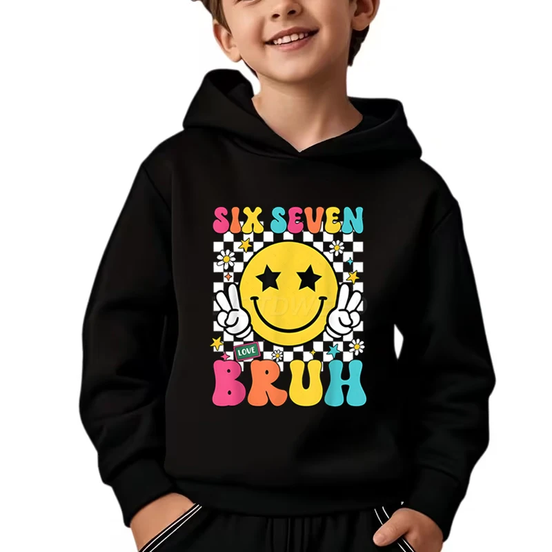 

Children's clothing fun six seven Bruh print hoodie for girls and boys, fashionable casual hoodie