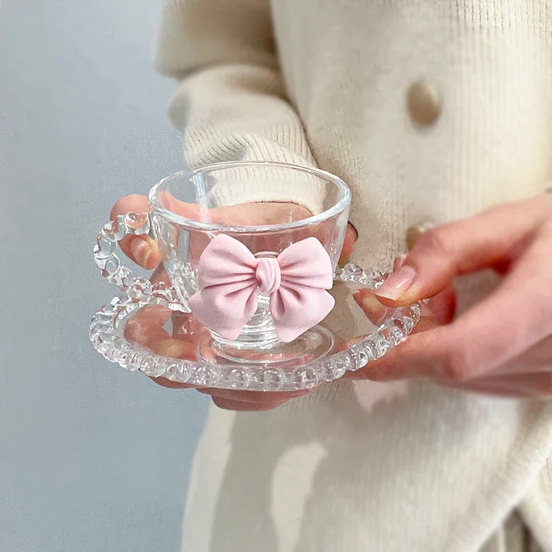 Creative Transparent Love Coffee Cup Set Girl Glass Water Cup Bow Dessert Plate Brekfast Oatmeal Cups Afternoon Tea Supplies