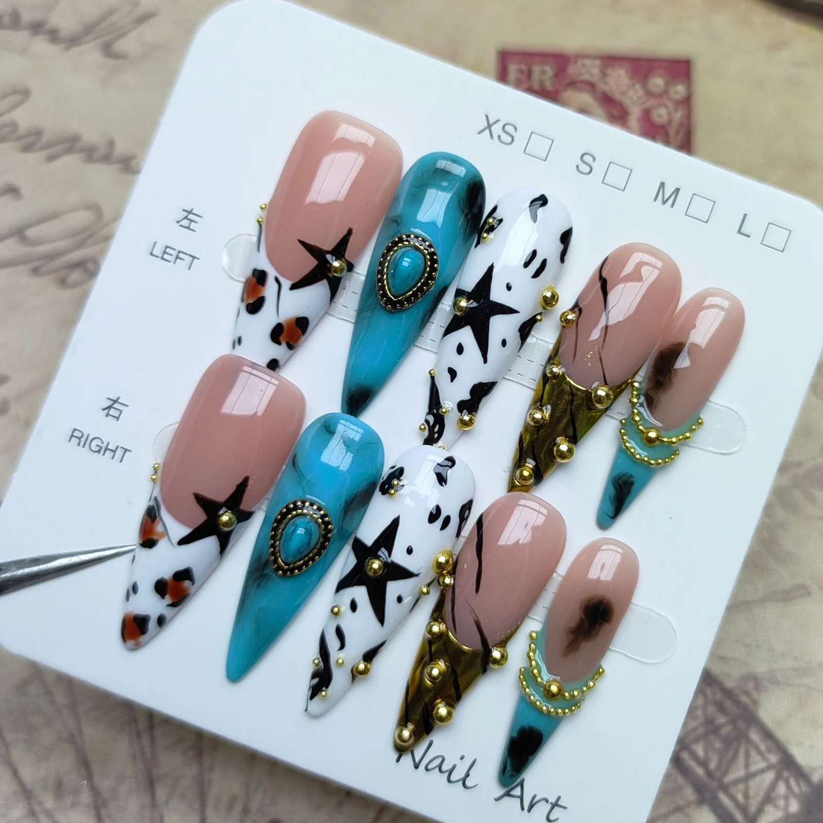 10pcs Handmade Press On Nails Gothic Punk Star Design Fake Nail Patches Retro Green French Long Stiletto False Nail Tips