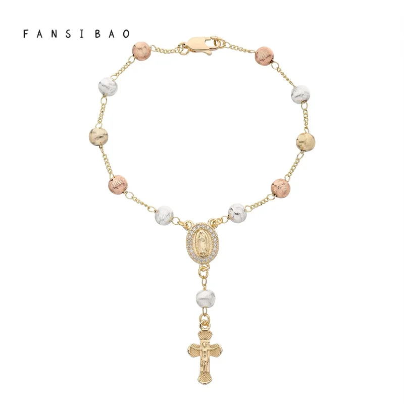 

FanSibao Cross Bracelet Rhinestones Virgin Mary Tri-color Rosary Italian Charm Trendy Woman Gifts Jewelry