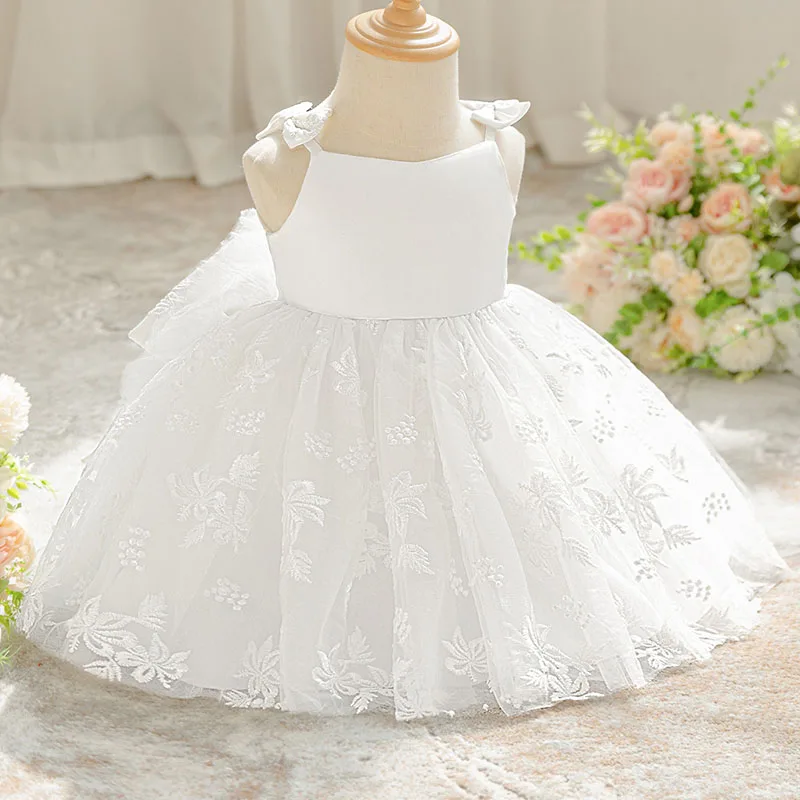 Baby Girl Dress White Flower Princess Dress Elegant 1st Birthday Dress Baby Girl Big Bow Baptism White Dresses Girls Gown