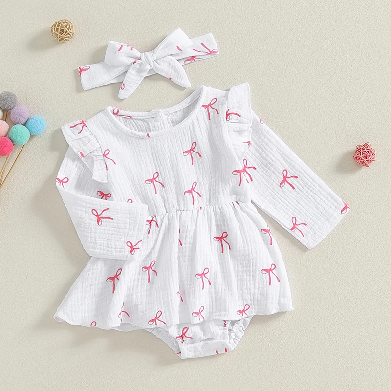 Baby Girls Autumn Outfits Long Sleeve Round Neck Bow Print Romper Dress with Headband Cute 2 Pieces Sets image 3