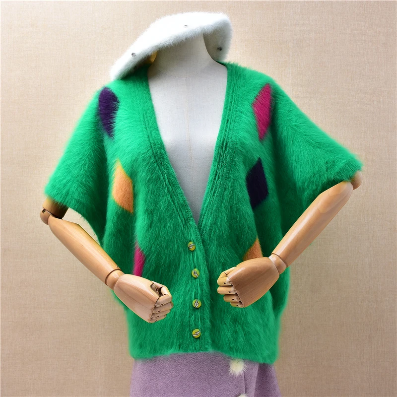 

Ladies Women Spring Autumn Clothing Colored Hairy Angora Rabbit Hair Knitted Short Sleeves Loose Sweater Jacket Vest Pull Tops