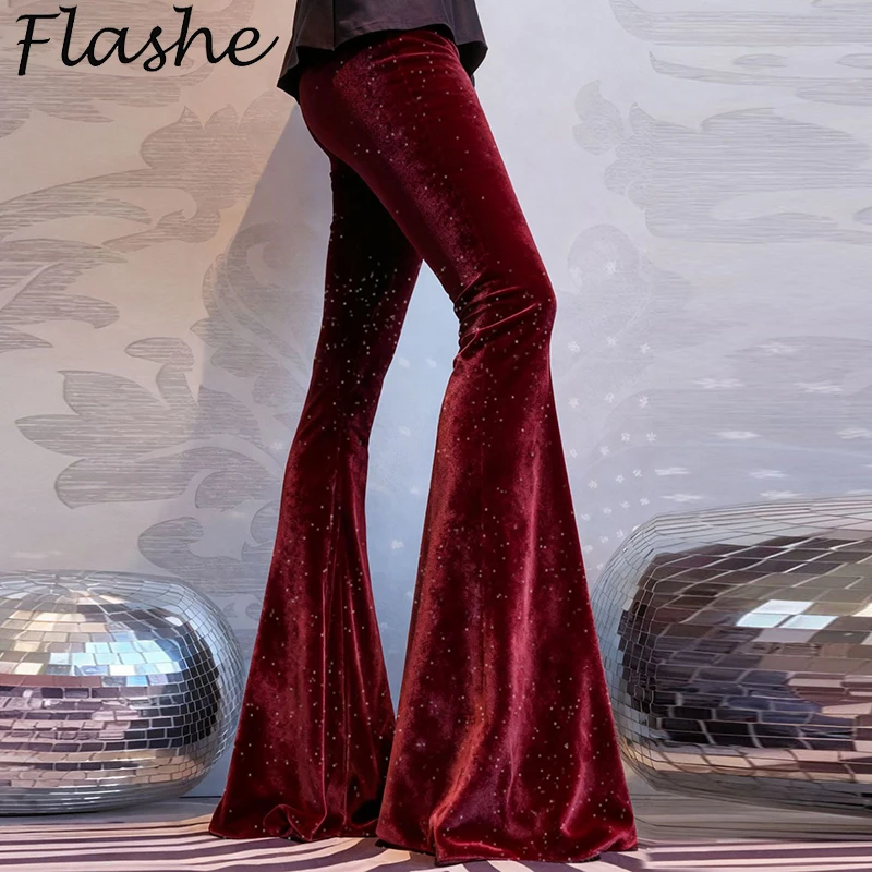 

Модные бархатные брюки, женские расклешенные брюки с высокой талией для женщин, осенне-зимние эластичные вечерние брюки красного цвета
