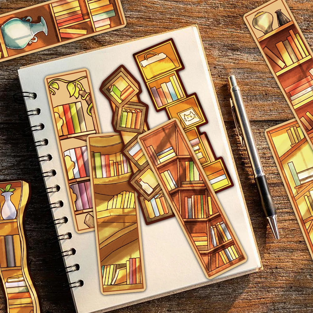 30PCS Bookshelf Art Cartoon Bookmarks under Dusk Light Warm and Creative Paper Books Page Marking Cards Stationery Bookmark