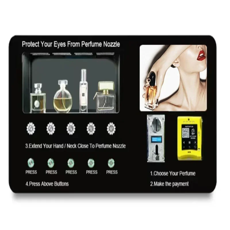 Perfume Vending Machine Freestanding Vertical Frame Multiple Spray Ports 24 Hour Running for Retail Cologne Dispensing Kiosk