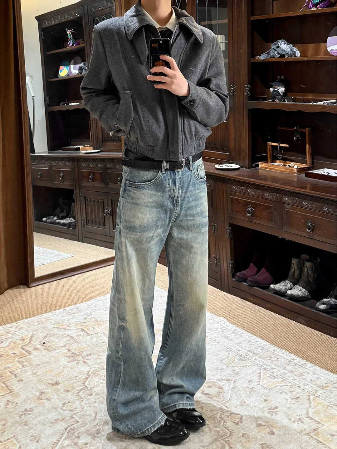 

Light Blue Fce Lined Jeans Men's High Street American Sle Loose Straight Leg Trousers with Knife Detail