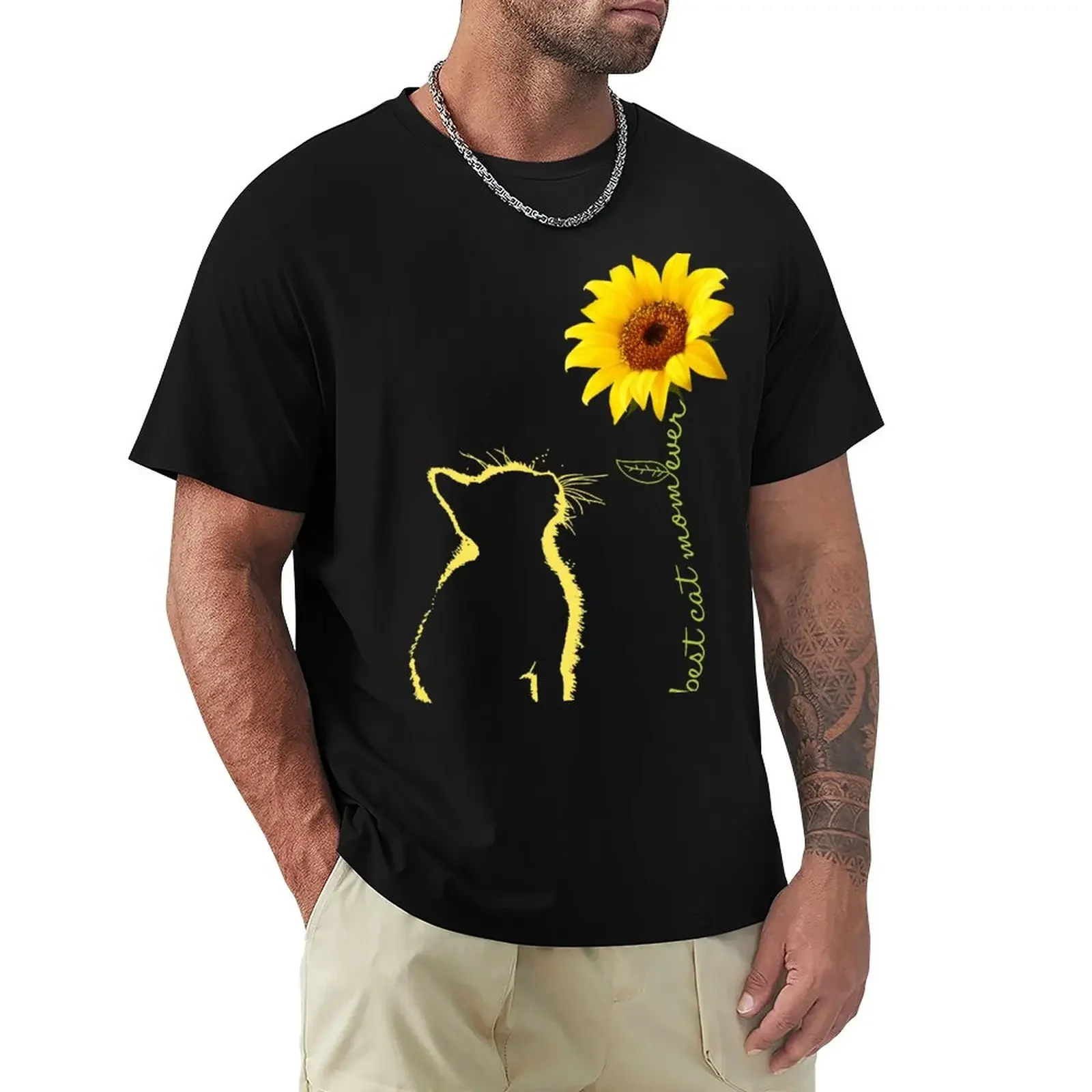 Camiseta de manga corta con estampado de gato para hombre, prenda de vestir, de talla grande, con estampado de girasol, de diseñador