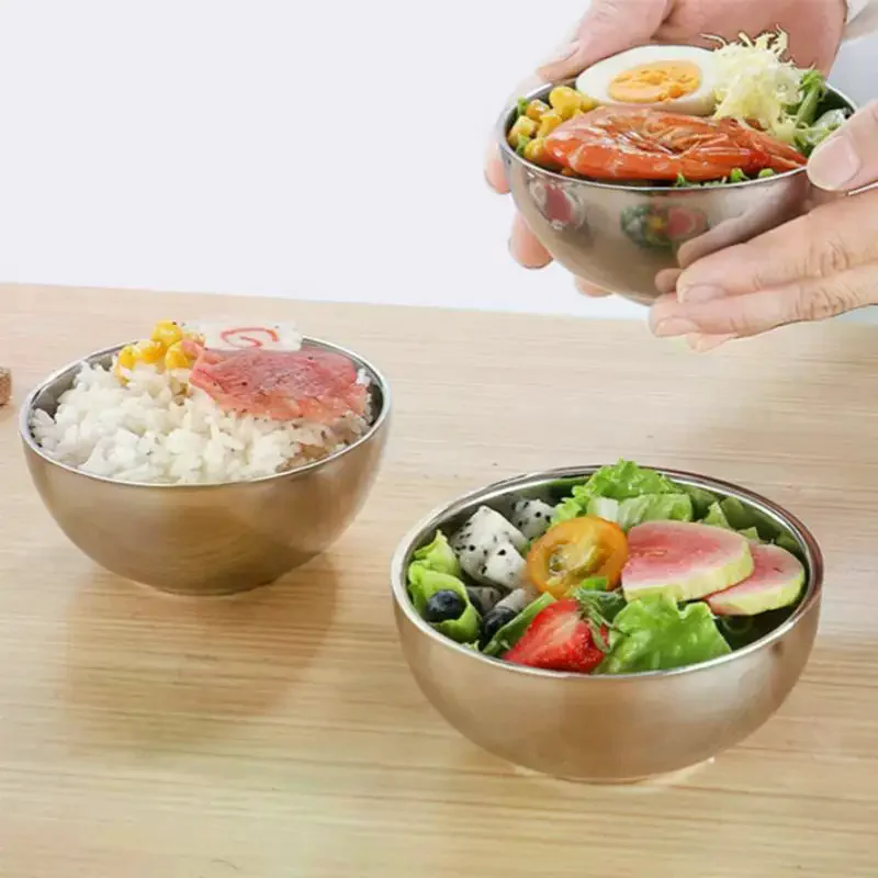 Threaded Rice Bowl Dough Round Soup Double Layer Insulated Ramen Bowls Home Tableware Kitchen Accessories Stainless Steel
