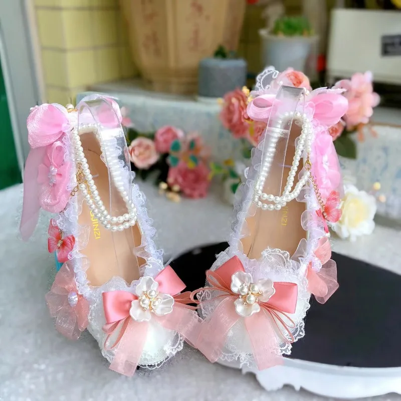 

Original Handmade Lolita Shoes Wedding Shoes Bride Gorgeous Womens Pumps Pink Round Head High Heels Loli Tea Party Pink Heels