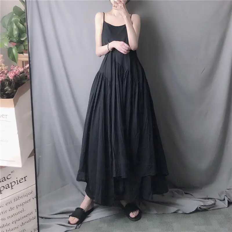 

2024 New Black Hanging Strap Dress for Women in Summer Artistic and Retro Super Long Skirt Ankle High Irregular Large Hem Skirt