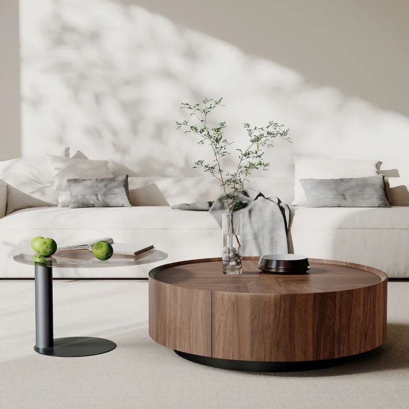 

Wabi Sabi Minimalist Walnut Storage Coffee Table Vintage Style Simple Round Side Table Living Room Mesa Auxiliar Salon Furniture