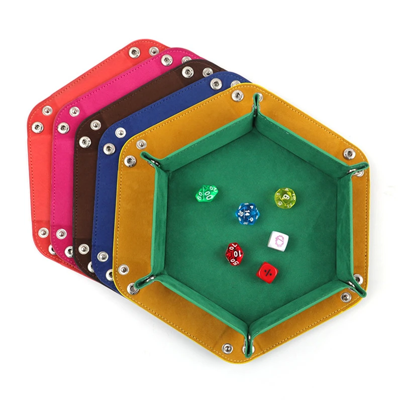 Foldable Dice Tray Box PU Leather Flannel Dice Game Plate Hexagon Folding Tray Home Desktop Decoration Coin Key Storage Tray