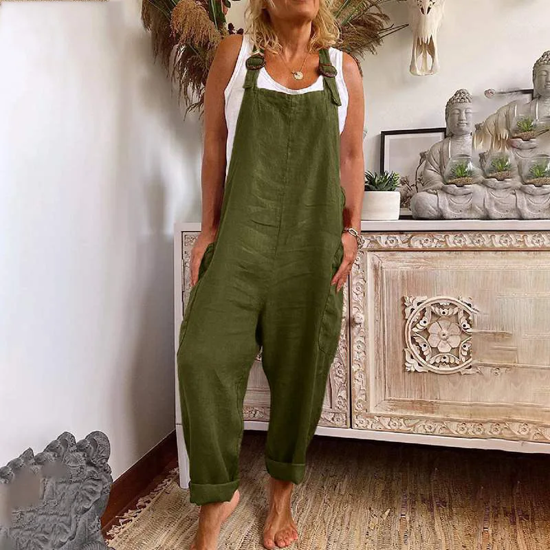 Large size Linen Women Jumpsuits Casual  Vintage Solid Color Sleeveless Adjustable Straps Loose Jumpsuit Bib Overalls