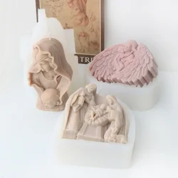 3D Virgin Mary Holding Baby Candle Silicone Mold Jesus Virgin Child Three Family Relief Plaster Resin Making Mold Home Decor