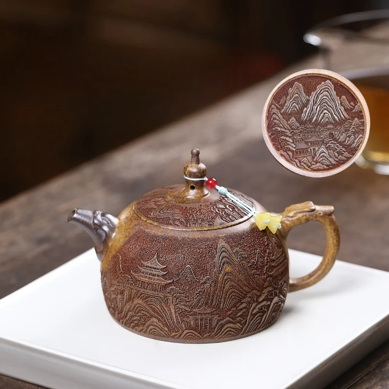 Yixing Handmade Purple Clay Teapot, Raw Ore, Gold Sand,tea Pot, Half-Moon View of The Mountain Kung Fu Tea Set 330ml