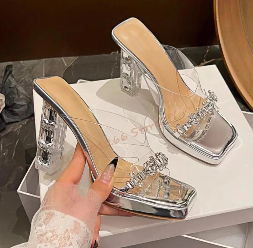 2 سنتيمتر منصة كريستال كعب مع الأحجار الكريمة لامعة شفافة بولي كلوريد الفينيل كعب الصنادل الصيف خط واحد عالية الكعب ساحة تو أحذية النساء