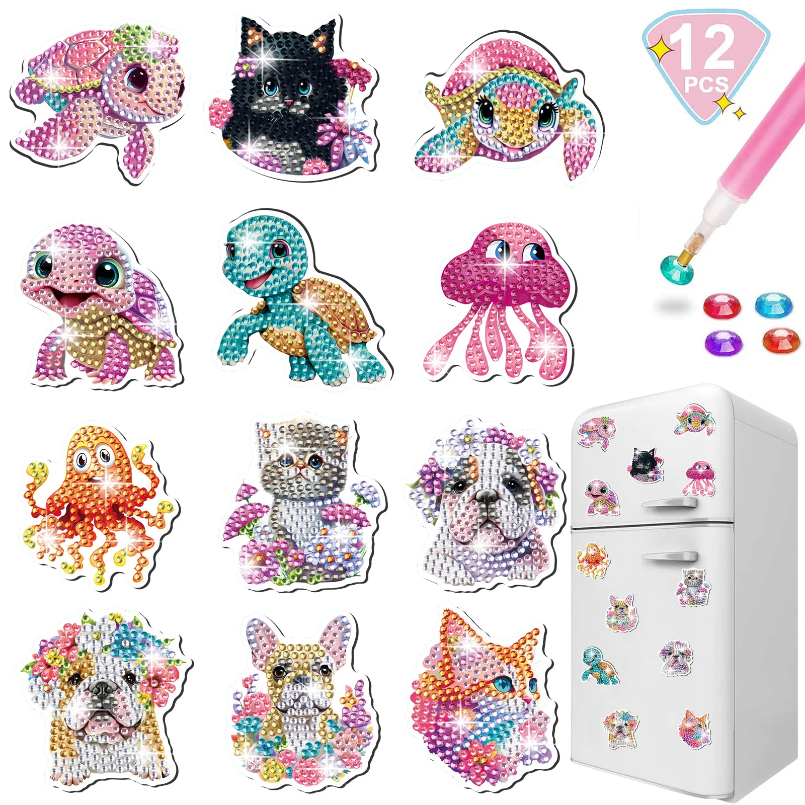 

Colorful Animals 12Pcs Hot Selling Diamond Painting Fridge Magnet DIY Cute Sticker New Arrival Creative Cartoon