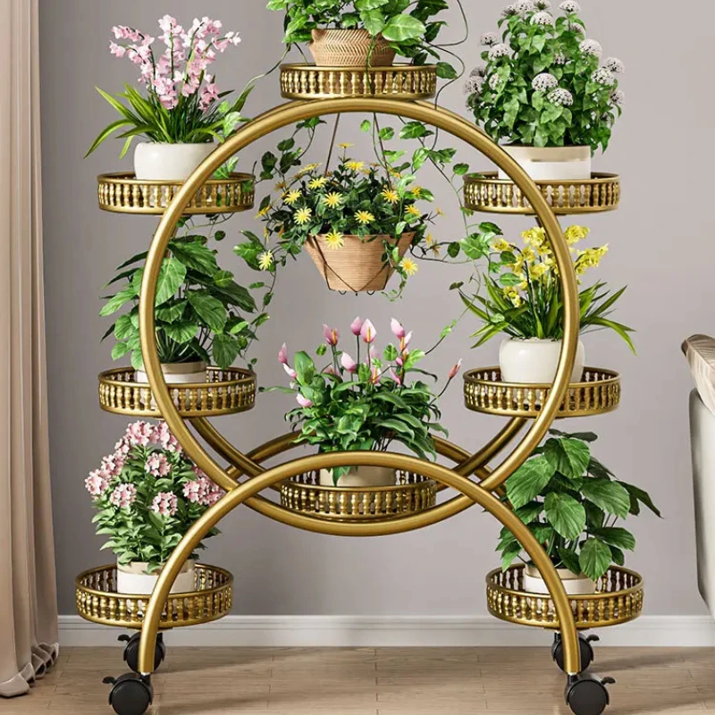 Metal Plant Stand with Wheels 6-Pot Flower Rack for Indoor and Outdoor Gardens Plant Holder for Yard Use Mobile Plant Stand