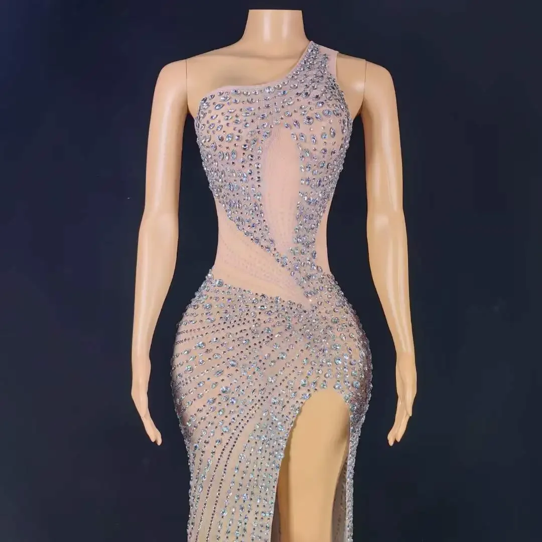 Sheer Mesh Silver Rhinestone Long Dress For Women Vegas Showgirl Crystal Birthday Party Singer Performance Drag Queen Costume