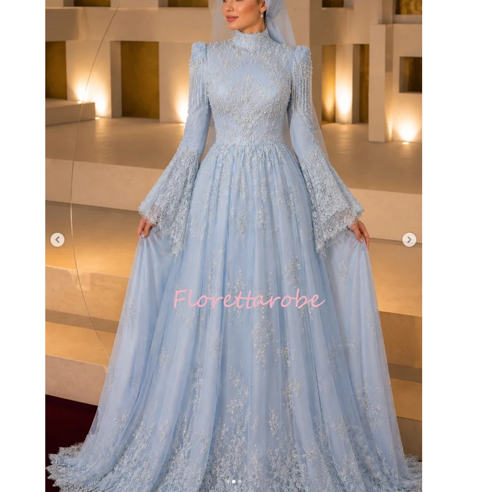 Customized Elegant Lace Muslim Evening Dress High Neck Flare Sleeve Hijab A-Line Formal Prom Gown Middle East شارون سعيد